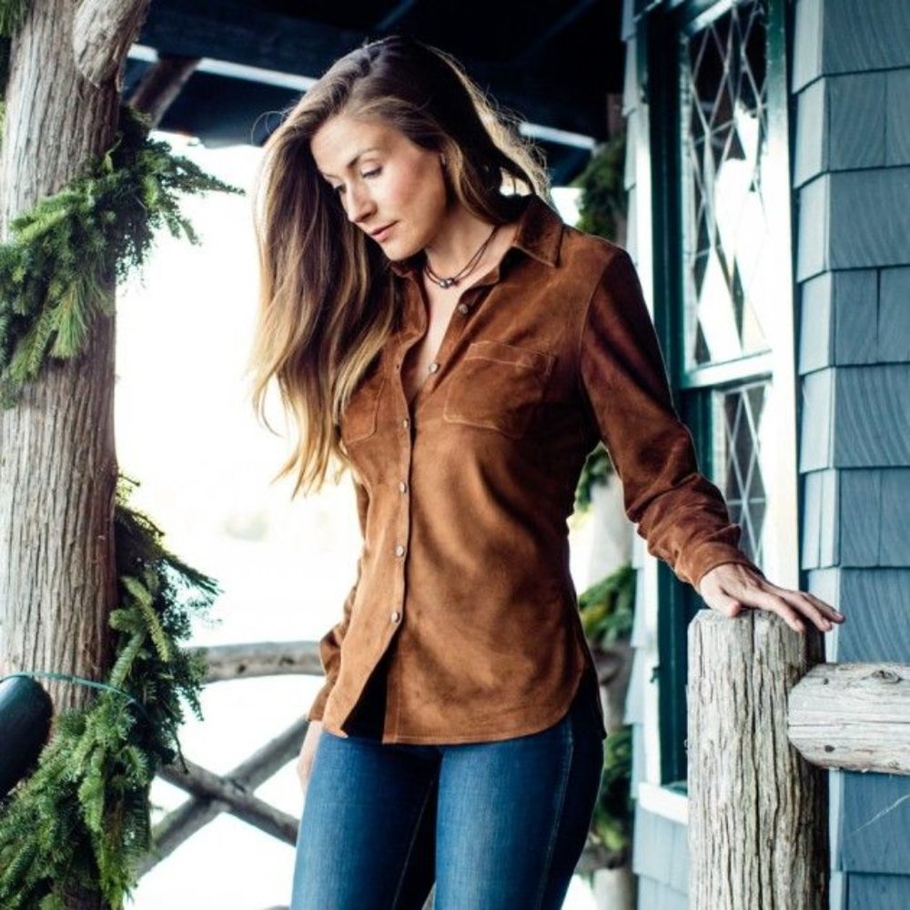 Women's Brown Suede Button-Down Shirt - Classic Collared Top